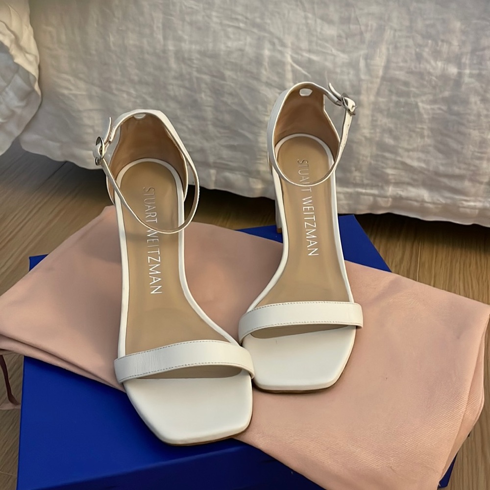 Stuart Weitzman NudistCurve 75 Block Heel White Leather Sandal